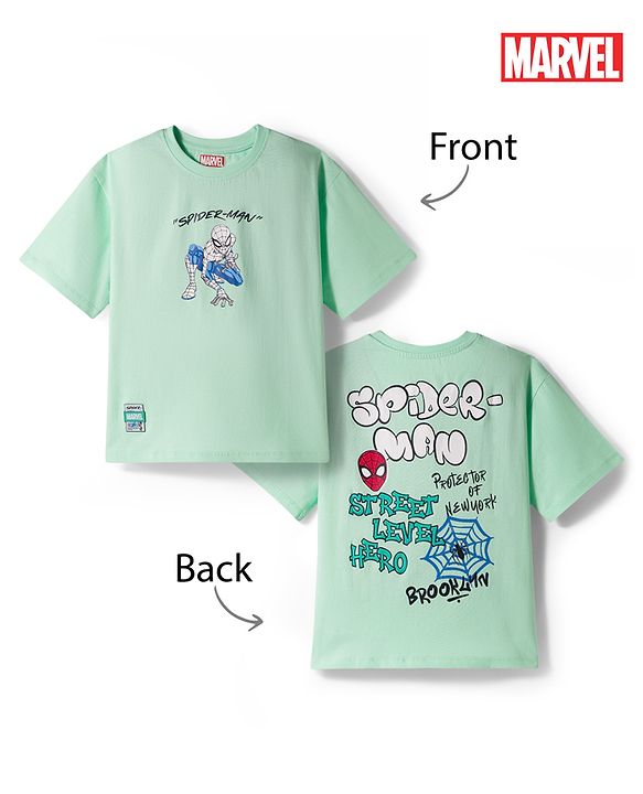 Pine Kids Marvel Half Sleeves T-Shirt With Front & Back Spider Man Print - Limegreen