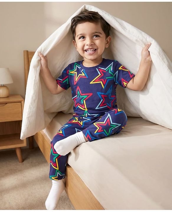Babyhug Cotton Knit Half Sleeves T-Shirt & Pyjama Co-ord Night Suit With Star Print - Navy Blue