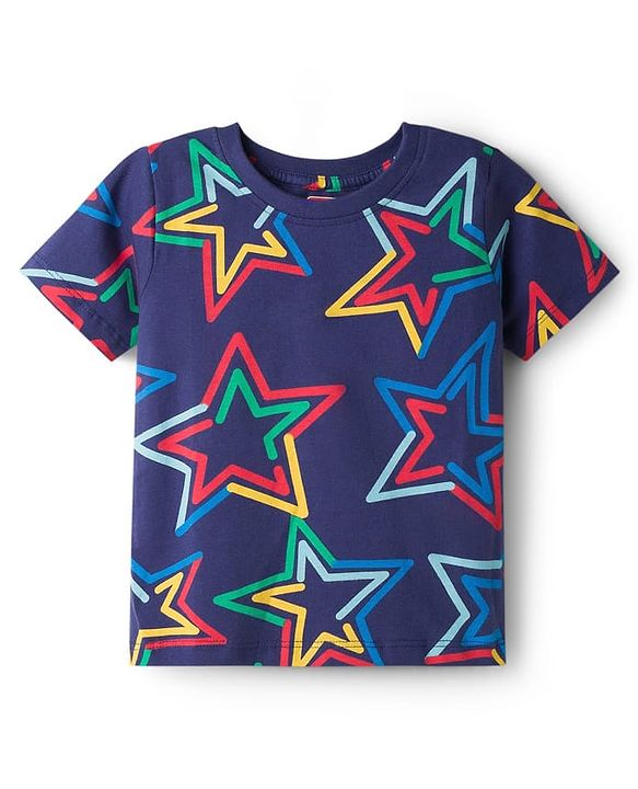 Babyhug Cotton Knit Half Sleeves T-Shirt & Pyjama Co-ord Night Suit With Star Print - Navy Blue