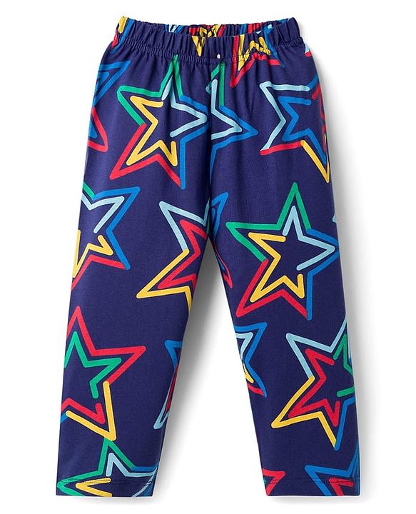 Babyhug Cotton Knit Half Sleeves T-Shirt & Pyjama Co-ord Night Suit With Star Print - Navy Blue
