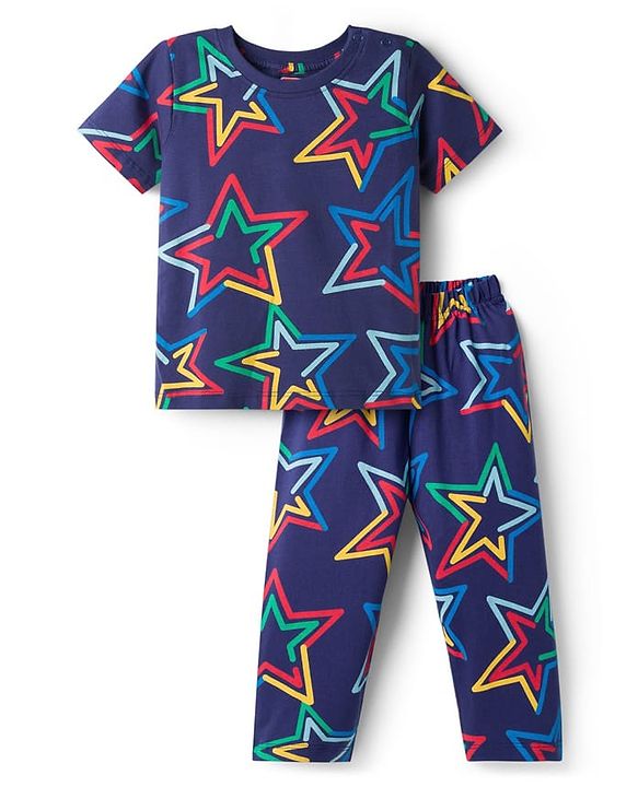 Babyhug Cotton Knit Half Sleeves T-Shirt & Pyjama Co-ord Night Suit With Star Print - Navy Blue