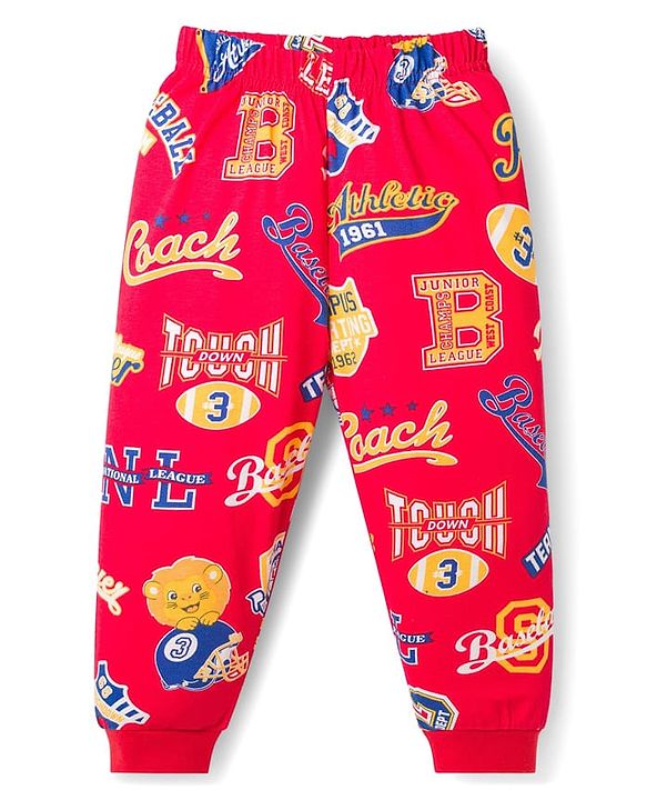 Babyhug Cotton Knit Half Sleeves T-Shirt & Pyjama Co-ord Night Suit With Text Print - Red