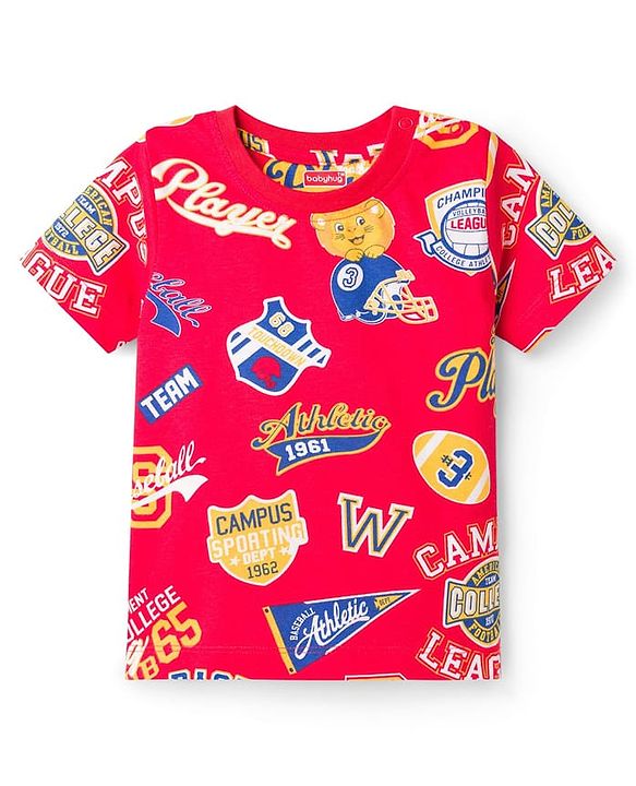 Babyhug Cotton Knit Half Sleeves T-Shirt & Pyjama Co-ord Night Suit With Text Print - Red