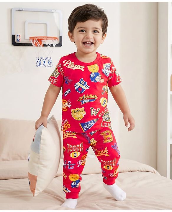 Babyhug Cotton Knit Half Sleeves T-Shirt & Pyjama Co-ord Night Suit With Text Print - Red