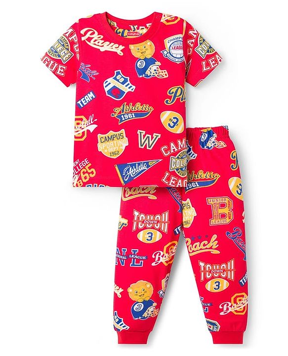 Babyhug Cotton Knit Half Sleeves T-Shirt & Pyjama Co-ord Night Suit With Text Print - Red