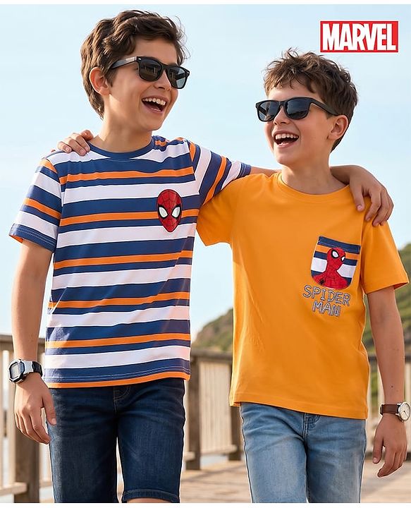 Pine Kids Marvel Single Jersey Knit Half Sleeves T-Shirts With Spider Man Print Graphics Pack of 2 - Multicolor