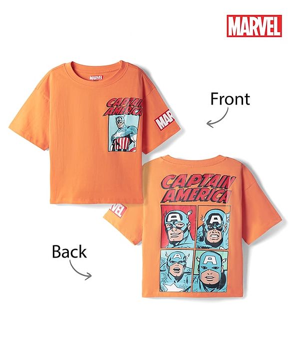 Pine Kids Marvel Single Jersey Knit Drop Shoulder Half Sleeves T-Shirt with Front & Back Avengers Print - Orange