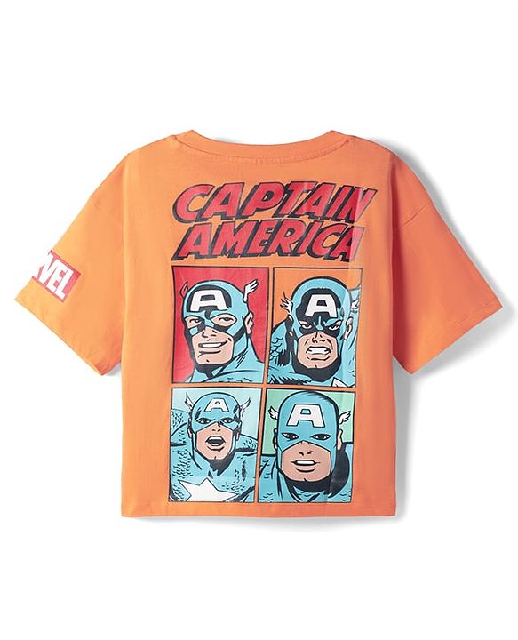 Pine Kids Marvel Single Jersey Knit Drop Shoulder Half Sleeves T-Shirt with Front & Back Avengers Print - Orange