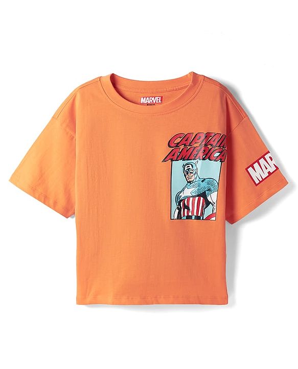 Pine Kids Marvel Single Jersey Knit Drop Shoulder Half Sleeves T-Shirt with Front & Back Avengers Print - Orange