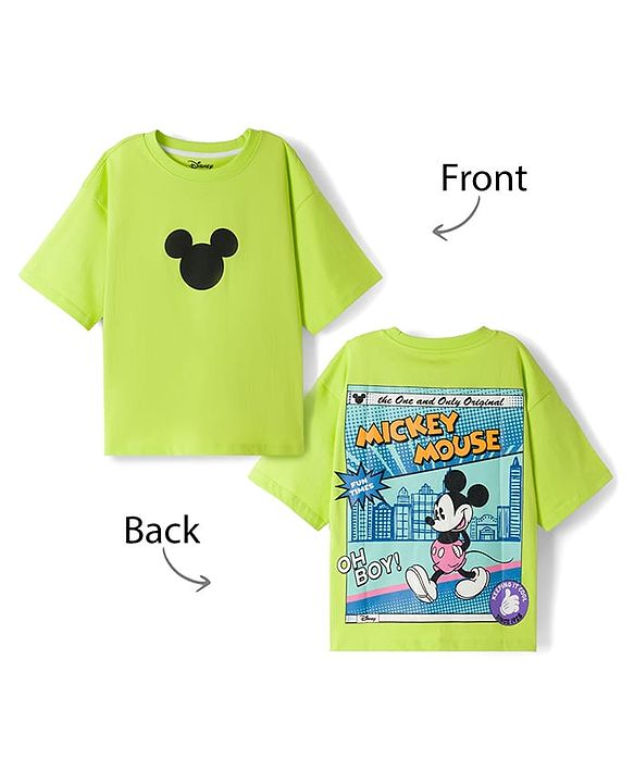 Pine Kids Disney Cotton Knit Drop Shoulder Half Sleeves T-Shirt with Front & Back Mickey Mouse Print - Green
