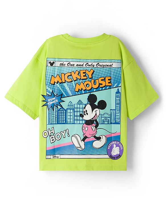 Pine Kids Disney Cotton Knit Drop Shoulder Half Sleeves T-Shirt with Front & Back Mickey Mouse Print - Green