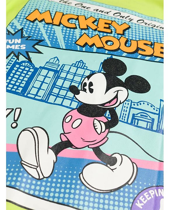 Pine Kids Disney Cotton Knit Drop Shoulder Half Sleeves T-Shirt with Front & Back Mickey Mouse Print - Green