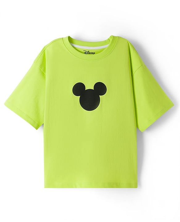 Pine Kids Disney Cotton Knit Drop Shoulder Half Sleeves T-Shirt with Front & Back Mickey Mouse Print - Green