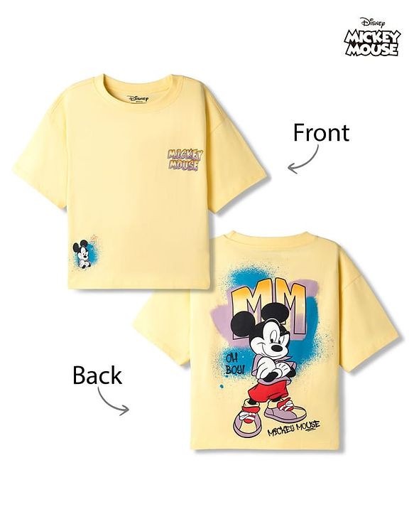 Pine Kids Disney Single Jersey Knit Drop Shoulder Half Sleeves T-Shirt with Mickey Mouse Front & Back Print - Yellow