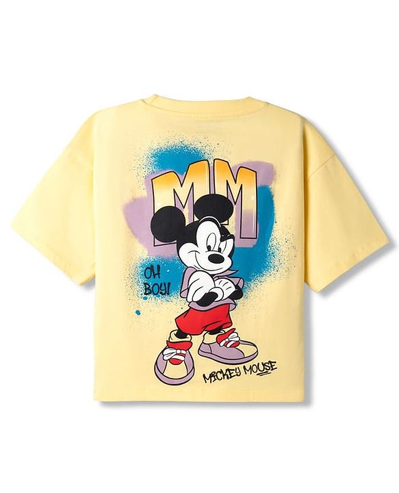 Pine Kids Disney Single Jersey Knit Drop Shoulder Half Sleeves T-Shirt with Mickey Mouse Front & Back Print - Yellow
