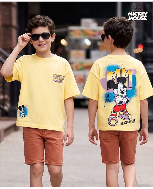 Pine Kids Disney Single Jersey Knit Drop Shoulder Half Sleeves T-Shirt with Mickey Mouse Front & Back Print - Yellow