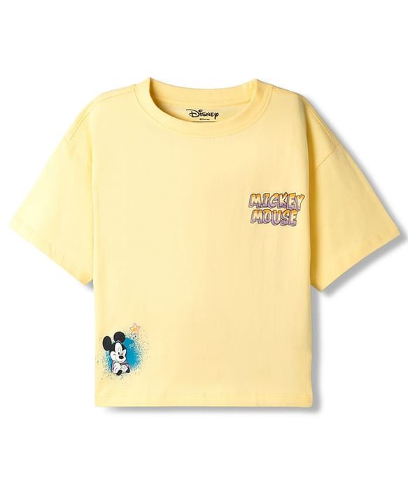 Pine Kids Disney Single Jersey Knit Drop Shoulder Half Sleeves T-Shirt with Mickey Mouse Front & Back Print - Yellow
