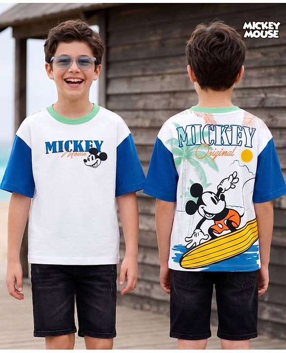 Pine Kids Disney Single Jersey Drop Shoulder Sleeves With Front & Back Mickey Mouse Graphics - Multicolor