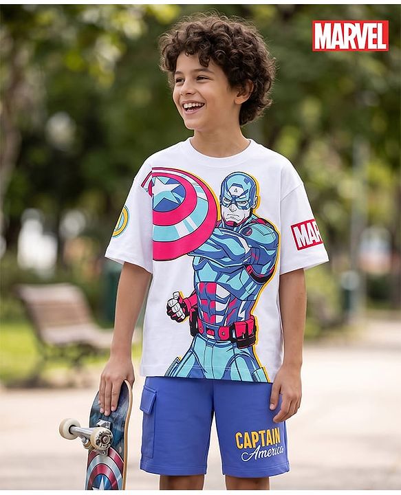 Pine Kids Marvel Single Jersey Knit Half Sleeves T-Shirt & Shorts Set with Avengers Graphics - Multicolor