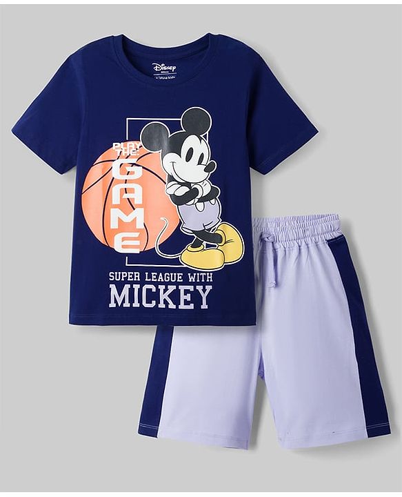 Pine Kids Disney Single Jersey Knit Half Sleeves T-Shirt & Shorts Night Suit With Mickey Mouse Graphics - Multicolor