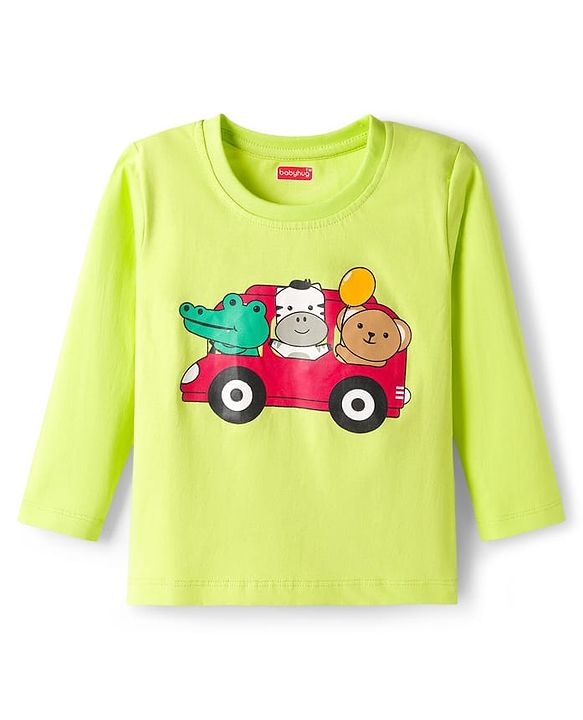 Babyhug Cotton Knit Full Sleeves T-Shirt & Pyjama Night Suit With Animal & Car Print - Green