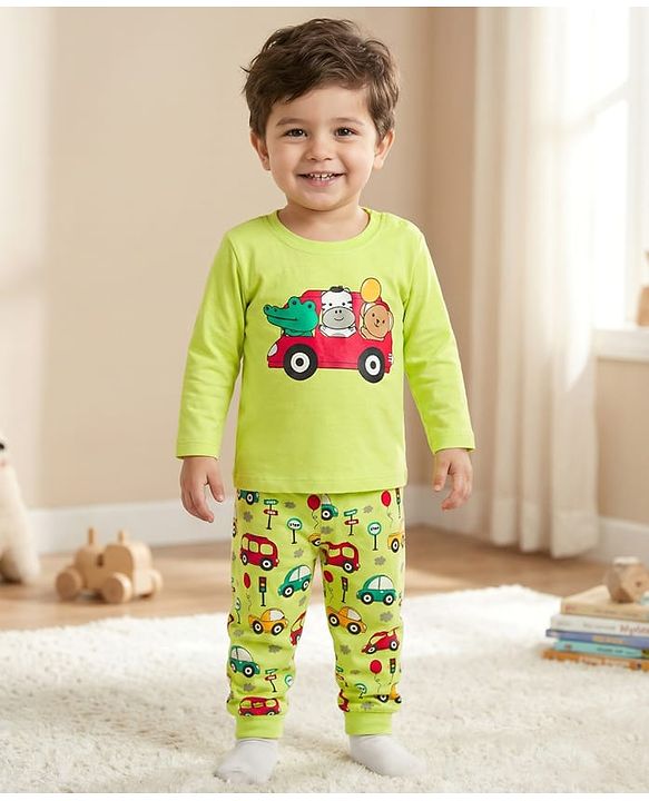 Babyhug Cotton Knit Full Sleeves T-Shirt & Pyjama Night Suit With Animal & Car Print - Green