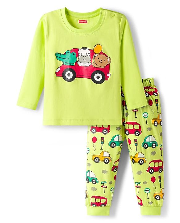 Babyhug Cotton Knit Full Sleeves T-Shirt & Pyjama Night Suit With Animal & Car Print - Green
