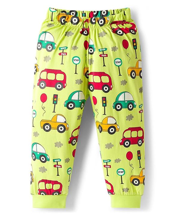 Babyhug Cotton Knit Full Sleeves T-Shirt & Pyjama Night Suit With Animal & Car Print - Green