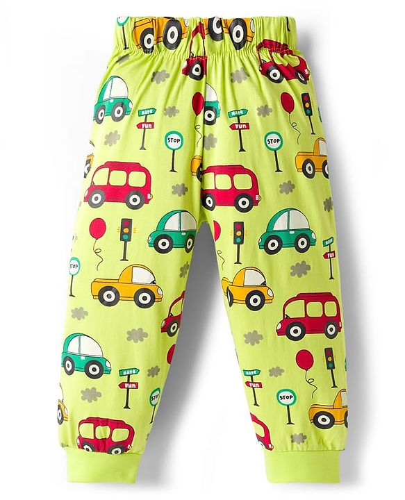Babyhug Cotton Knit Full Sleeves T-Shirt & Pyjama Night Suit With Animal & Car Print - Green