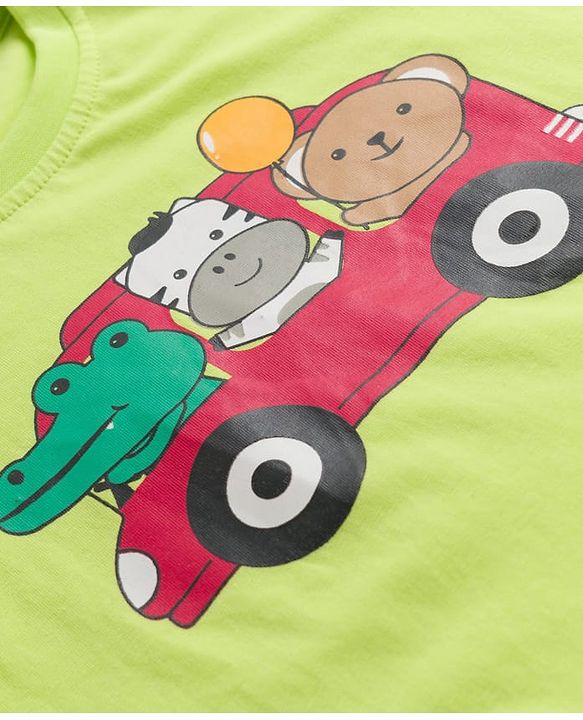 Babyhug Cotton Knit Full Sleeves T-Shirt & Pyjama Night Suit With Animal & Car Print - Green