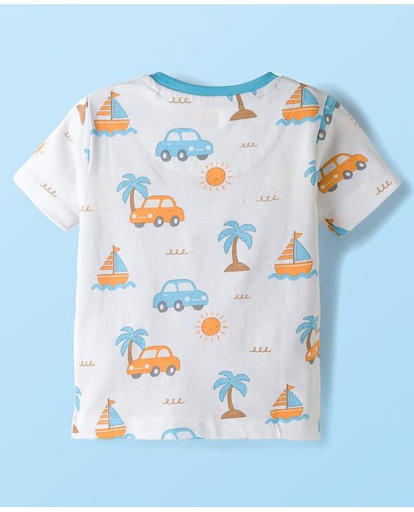 Babyhug Cotton Knit Half Sleeves T-Shirt & Shorts Co-ord Night Suit With Beach Theme Print - White