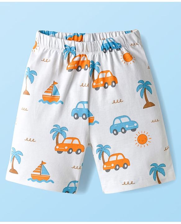 Babyhug Cotton Knit Half Sleeves T-Shirt & Shorts Co-ord Night Suit With Beach Theme Print - White