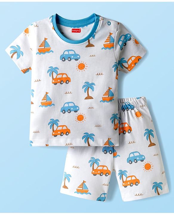 Babyhug Cotton Knit Half Sleeves T-Shirt & Shorts Co-ord Night Suit With Beach Theme Print - White