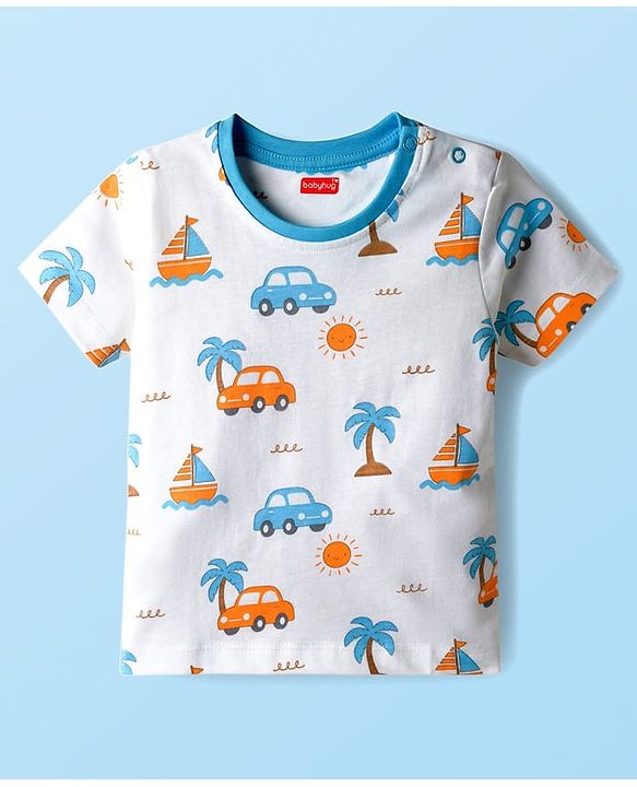 Babyhug Cotton Knit Half Sleeves T-Shirt & Shorts Co-ord Night Suit With Beach Theme Print - White