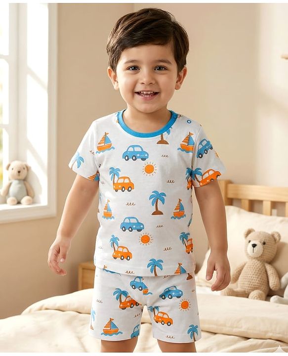 Babyhug Cotton Knit Half Sleeves T-Shirt & Shorts Co-ord Night Suit With Beach Theme Print - White