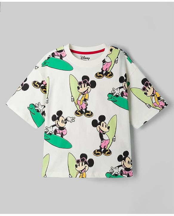 Pine Kids Disney Drop Shoulder Sleeves Co-Ord T-Shirt & Shorts Night Suit With Mickey Mouse Print - White