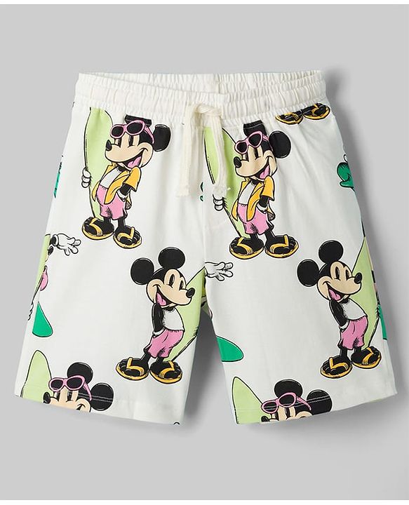 Pine Kids Disney Drop Shoulder Sleeves Co-Ord T-Shirt & Shorts Night Suit With Mickey Mouse Print - White