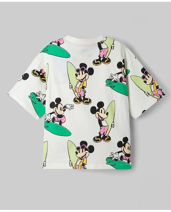Pine Kids Disney Drop Shoulder Sleeves Co-Ord T-Shirt & Shorts Night Suit With Mickey Mouse Print - White