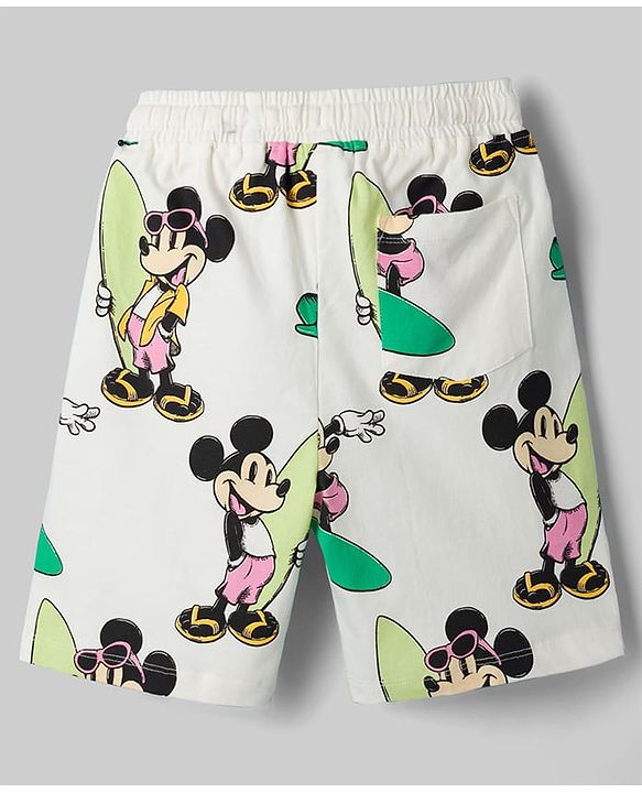 Pine Kids Disney Drop Shoulder Sleeves Co-Ord T-Shirt & Shorts Night Suit With Mickey Mouse Print - White