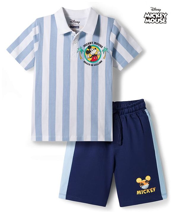 Pine Kids Disney Single Jersey Knit Half Sleeves Polo T-Shirt & Shorts Set with Mickey Mouse Graphics - Multicolor