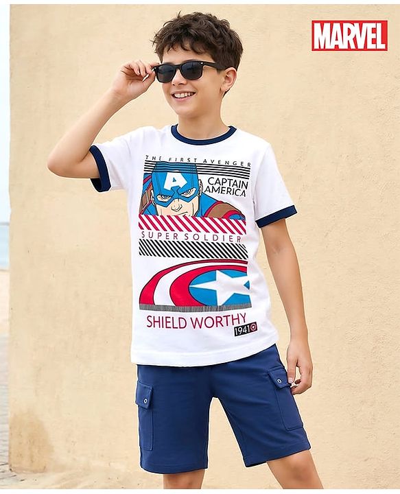 Pine Kids Marvel Single Jersey Knit Half Sleeves T-Shirt & Shorts Set with Avengers Graphic - Multicolor
