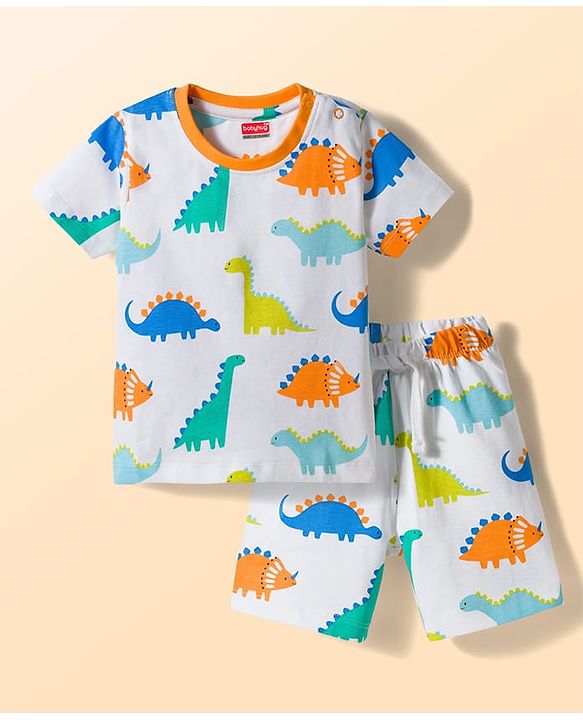 Babyhug Cotton Knit Half Sleeves Vehicles Printed Co-Ords T-Shirt & Shorts Night Suit - White