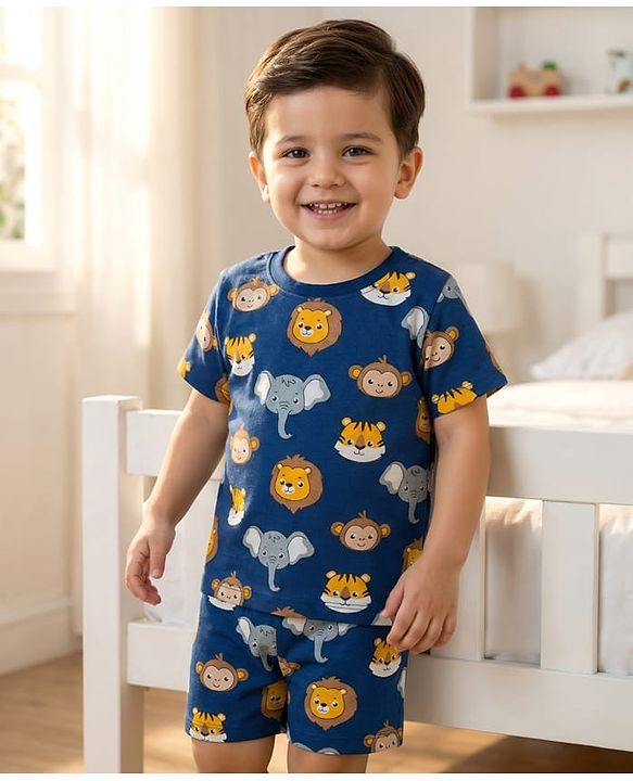 Babyhug Cotton Knit Half Sleeves Animal Printed Co-Ords T-Shirt & Shorts Night Suit - Navy Blue