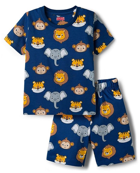 Babyhug Cotton Knit Half Sleeves Animal Printed Co-Ords T-Shirt & Shorts Night Suit - Navy Blue