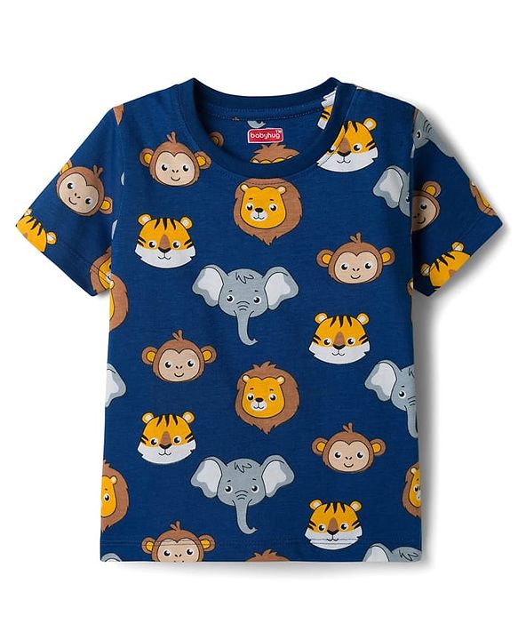 Babyhug Cotton Knit Half Sleeves Animal Printed Co-Ords T-Shirt & Shorts Night Suit - Navy Blue