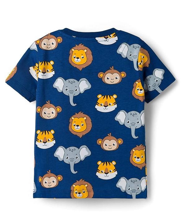 Babyhug Cotton Knit Half Sleeves Animal Printed Co-Ords T-Shirt & Shorts Night Suit - Navy Blue