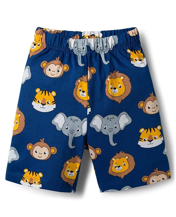Babyhug Cotton Knit Half Sleeves Animal Printed Co-Ords T-Shirt & Shorts Night Suit - Navy Blue