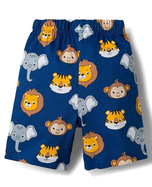 Babyhug Cotton Knit Half Sleeves Animal Printed Co-Ords T-Shirt & Shorts Night Suit - Navy Blue