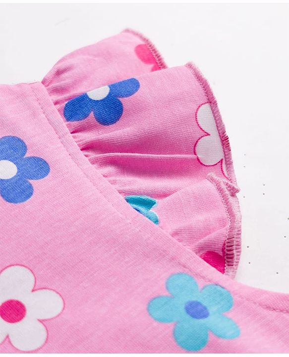 Babyhug Cotton Knit Half Sleeves Nighty With Floral Print - Pink