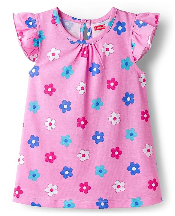 Babyhug Cotton Knit Half Sleeves Nighty With Floral Print - Pink